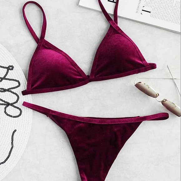 Fire Red Velvet Triangle Hipster Thong Bikini Set - Picture 4 of 8